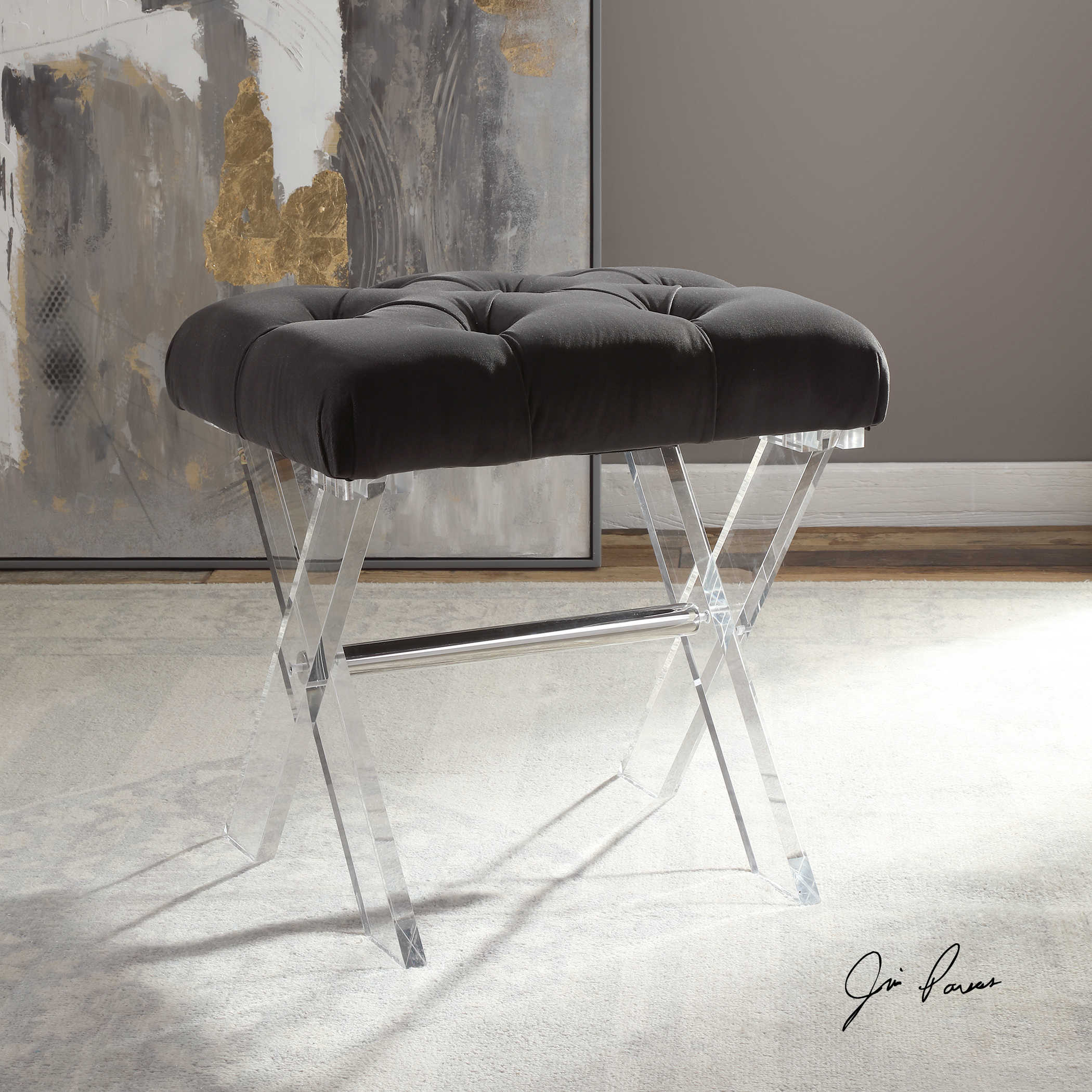 Fermin Black Velvet Acrylic Bench - RSVP Style Fermin Black Velvet Acrylic Bench - RSVP Style