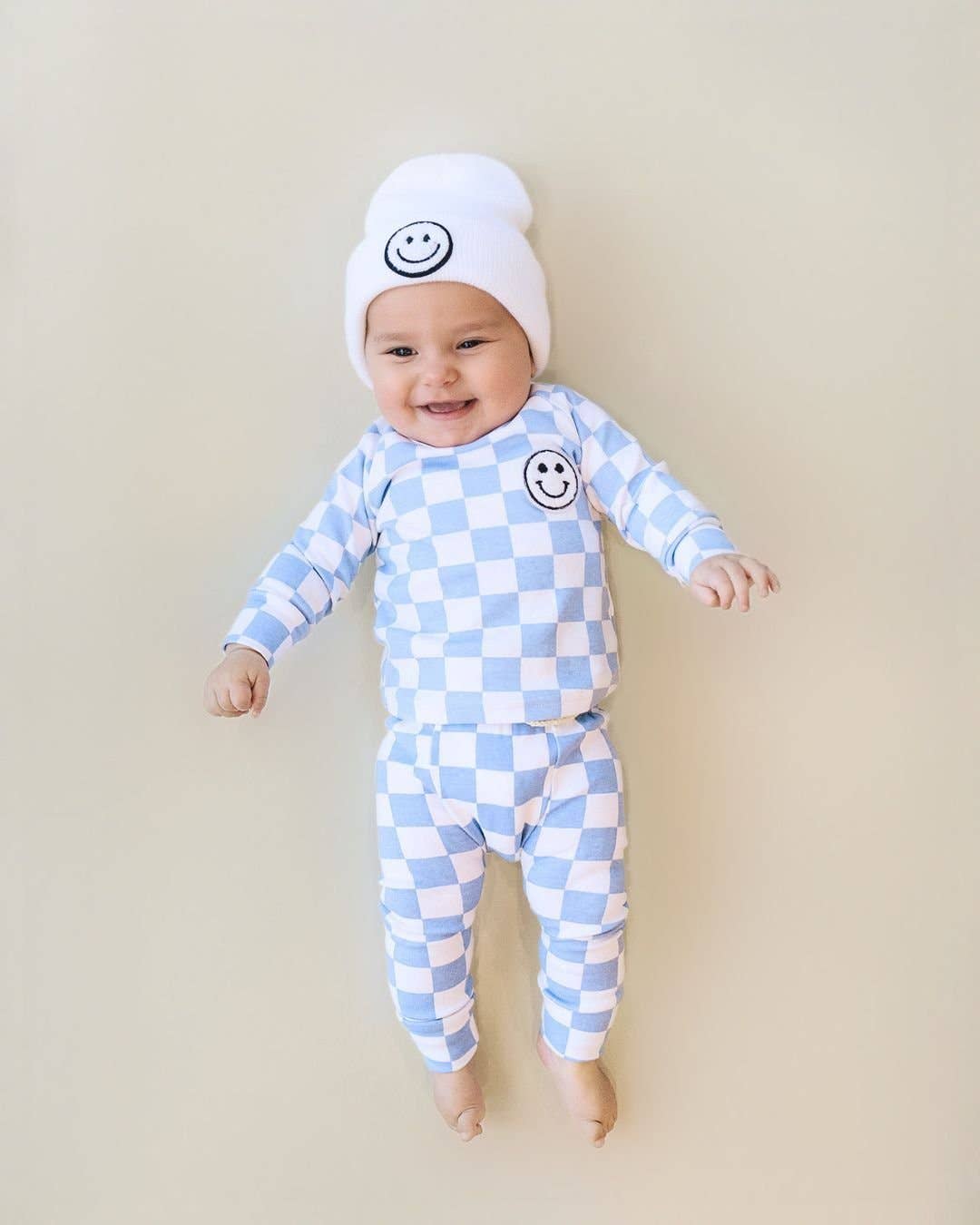 Checkered Smiley Lounge Set—Blue, Lucky Panda Kids - RSVP Style