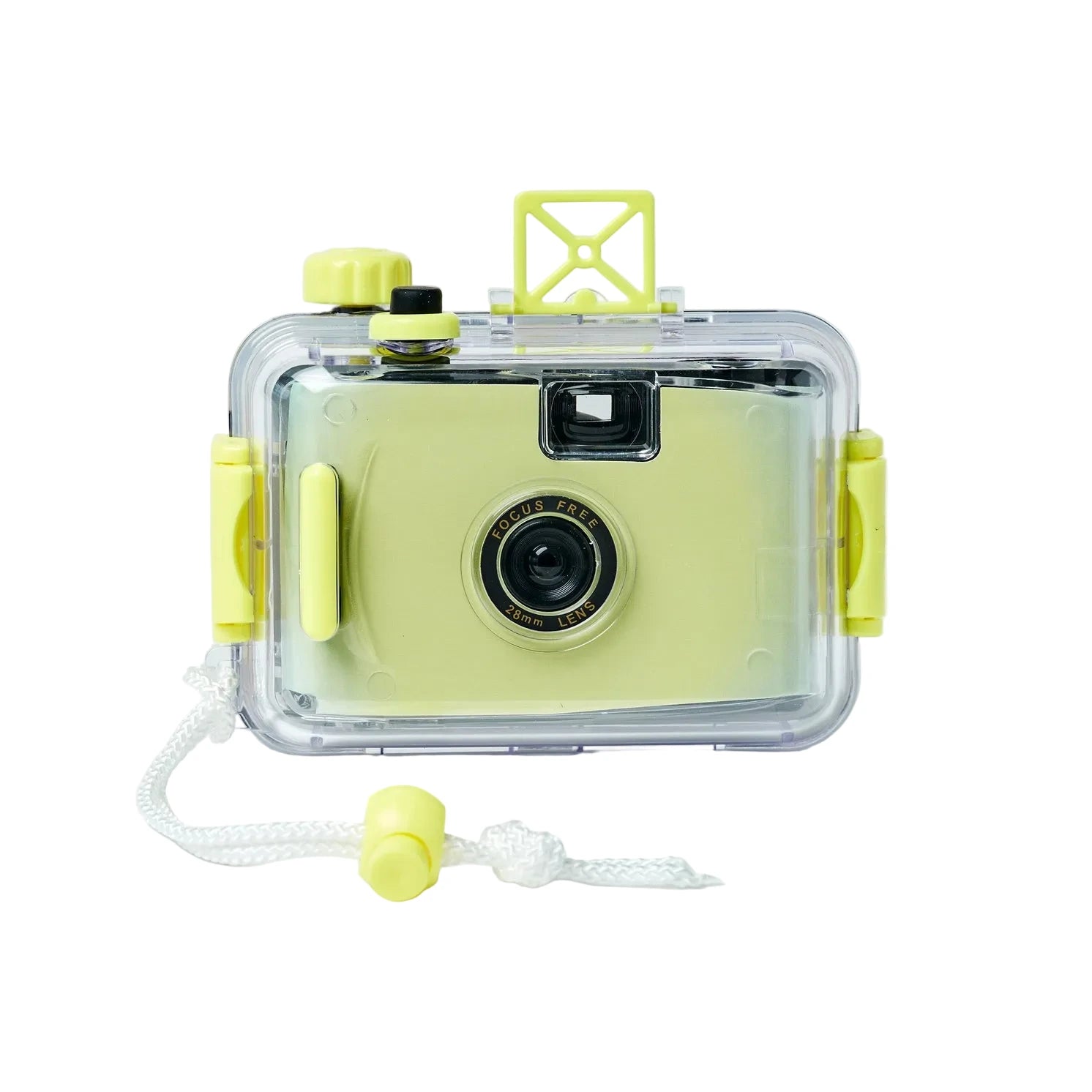 Yellow camera with clear protective case on a light gray background
