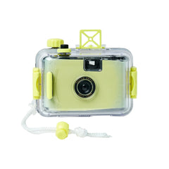 Yellow camera with clear protective case on a light gray background