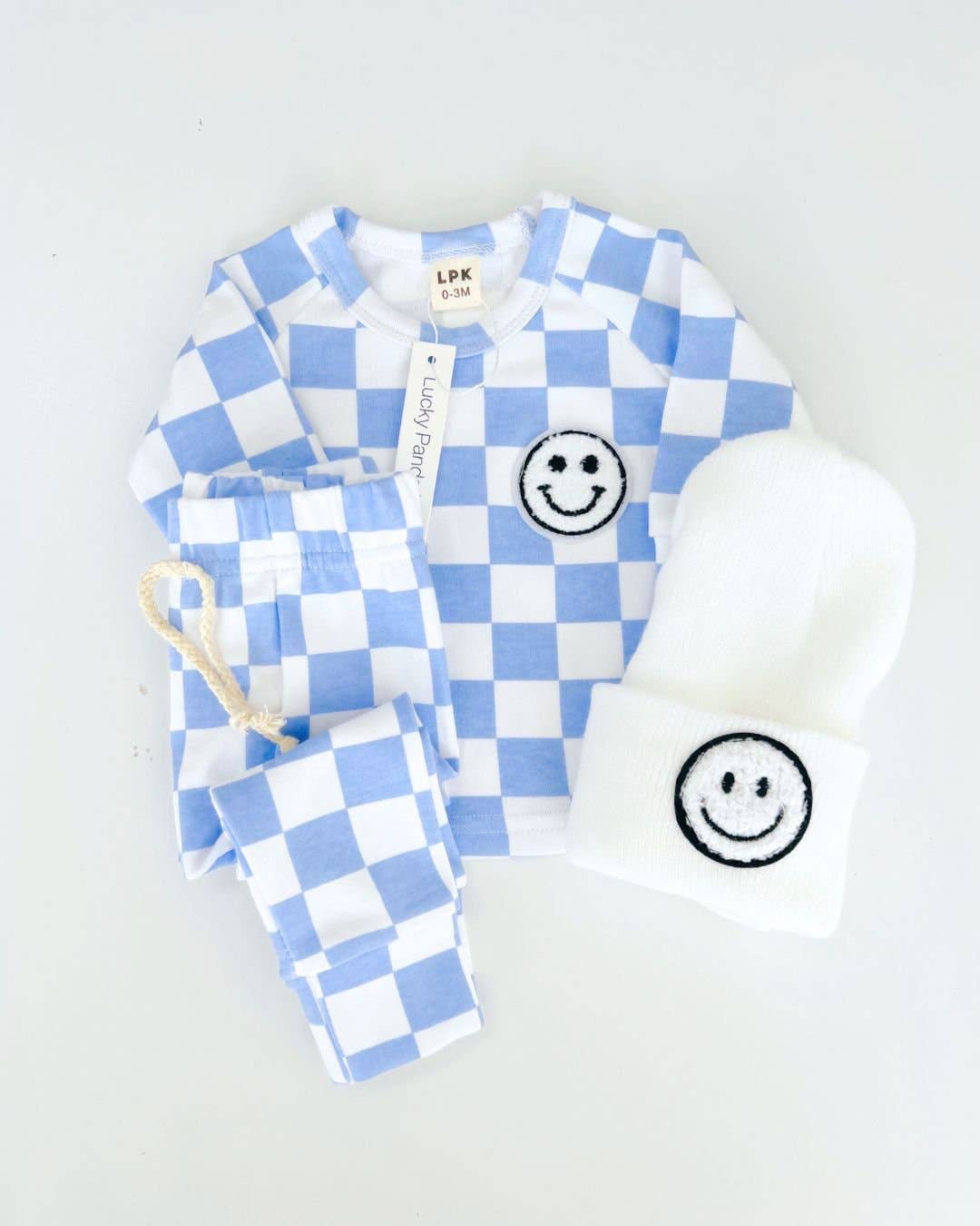 Checkered Smiley Lounge Set—Blue, Lucky Panda Kids - RSVP Style