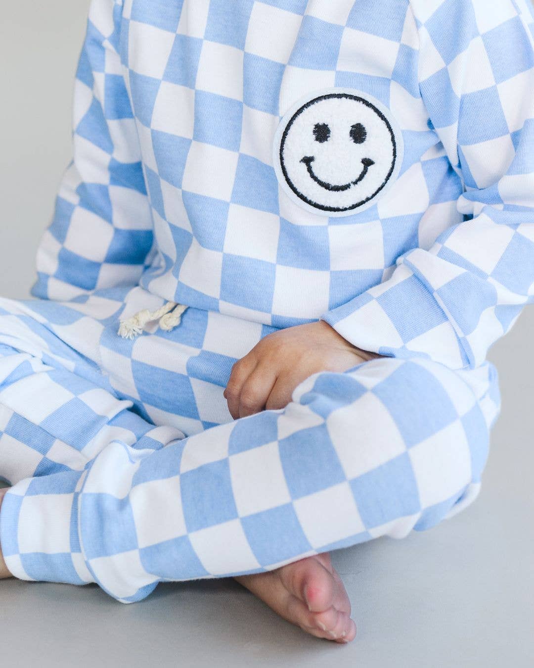 Checkered Smiley Lounge Set—Blue, Lucky Panda Kids - RSVP Style