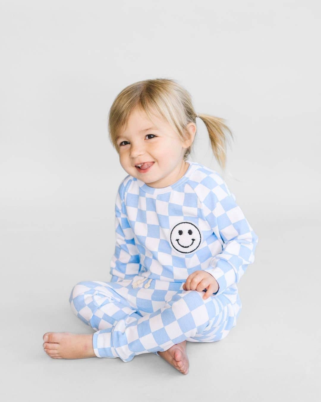 Checkered Smiley Lounge Set—Blue, Lucky Panda Kids - RSVP Style