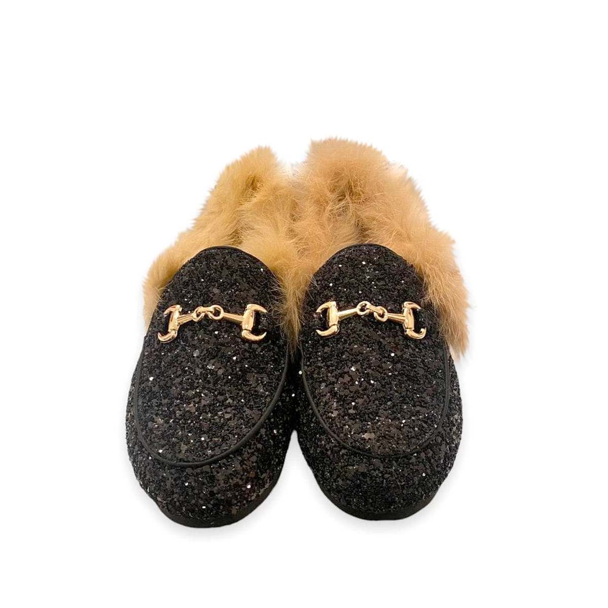 Black Glitter Fur Loafers