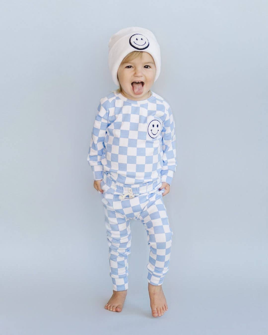 Checkered Smiley Lounge Set—Blue, Lucky Panda Kids - RSVP Style
