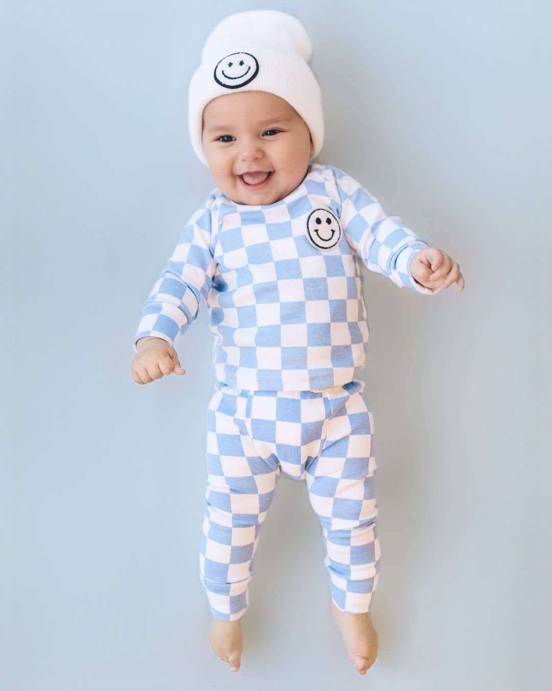 Checkered Smiley Lounge Set—Blue, Lucky Panda Kids - RSVP Style