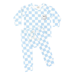 Checkered Smiley Lounge Set—Blue, Lucky Panda Kids - RSVP Style