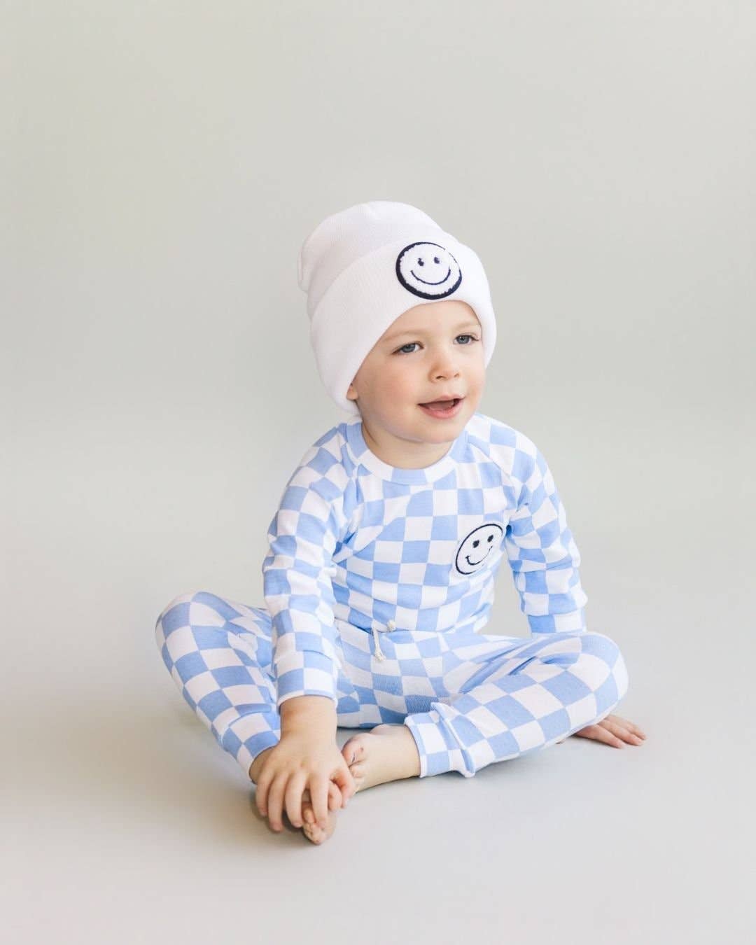 Checkered Smiley Lounge Set—Blue, Lucky Panda Kids - RSVP Style