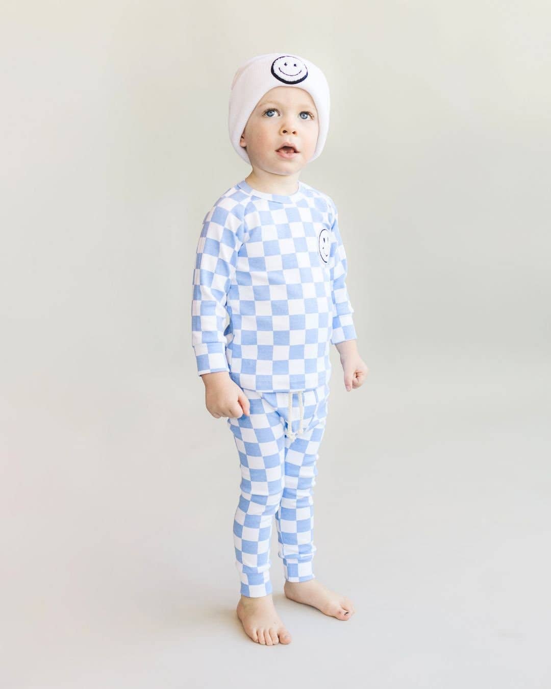 Checkered Smiley Lounge Set—Blue, Lucky Panda Kids - RSVP Style
