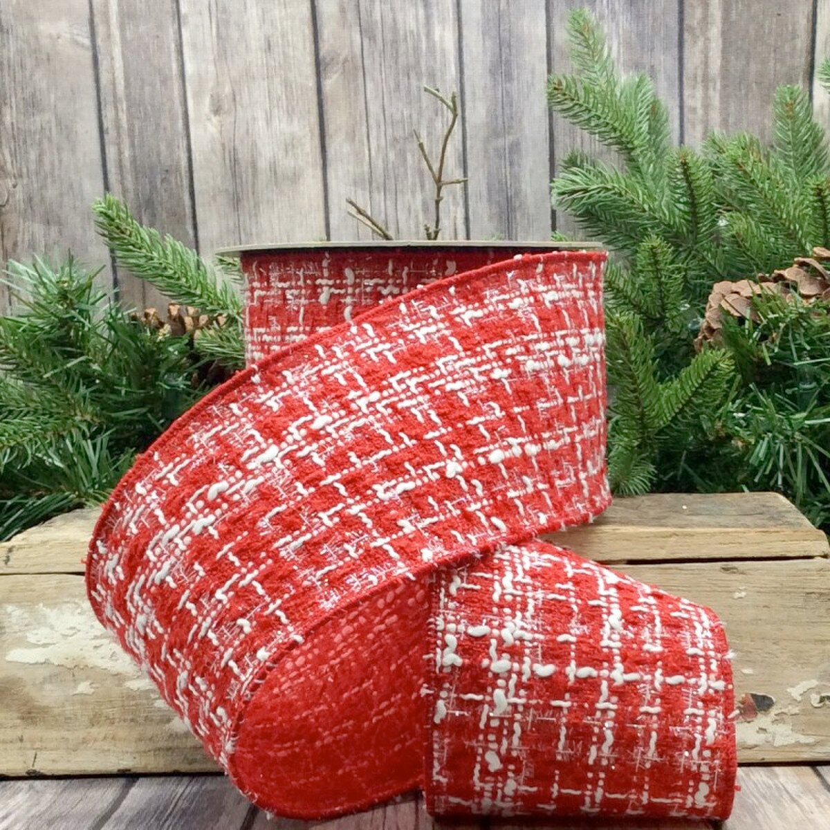 Red Boucle with Tinsel Ribbon