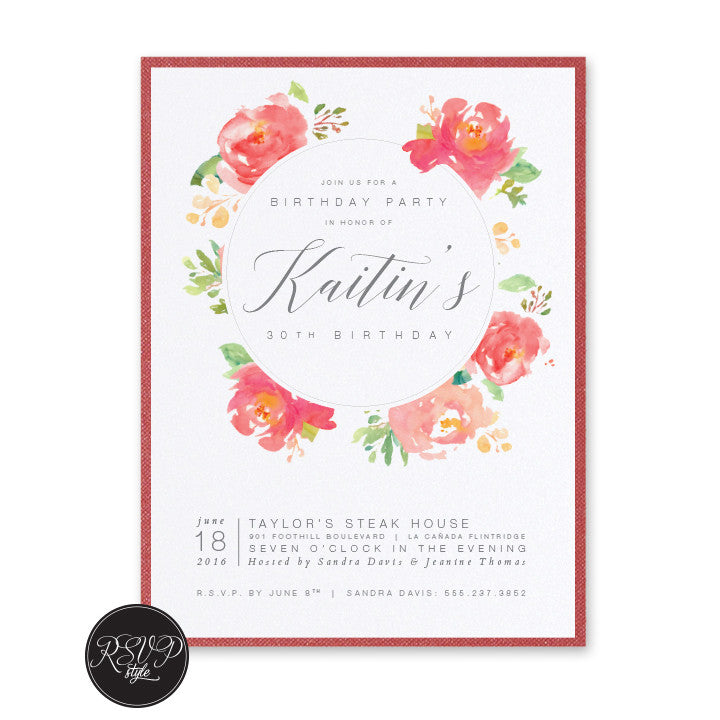 Painted Floral Circle Birthday Invitation - RSVP Style