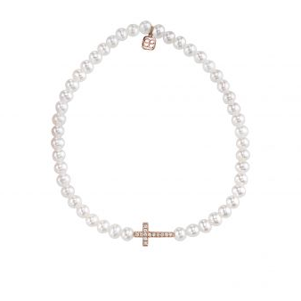 Mini Rose-Gold & Diamond Cross Bead on Freshwater Pearl Bracelet - RSVP Style