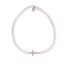 Mini Rose-Gold & Diamond Cross Bead on Freshwater Pearl Bracelet - RSVP Style
