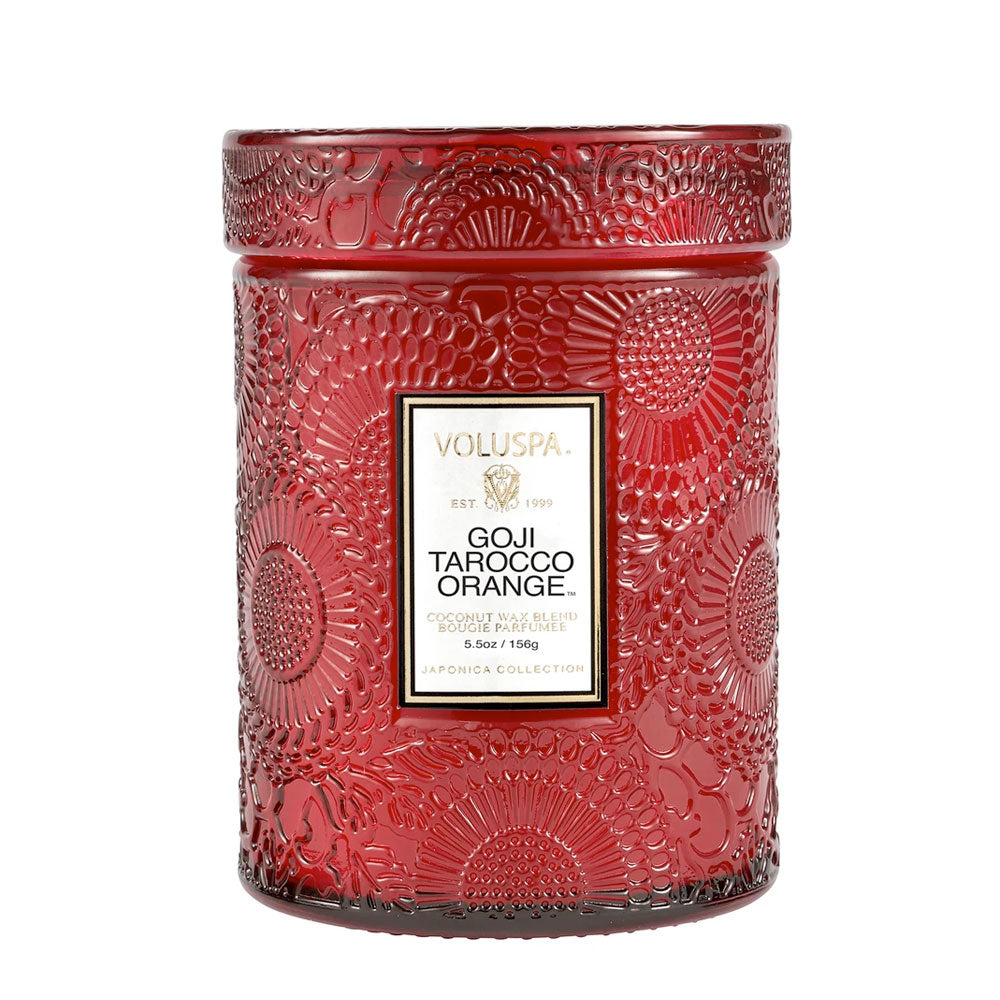 Spiced Goji Tarocco Orange  ·  Tall Embossed Jar Candle - RSVP Style
