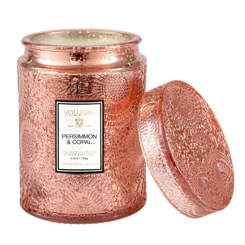 Persimmon & Copal  ·  Tall Embossed Jar Candle - RSVP Style